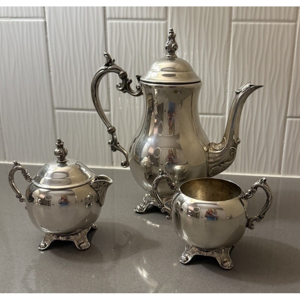 Vintage FB Rogers Silverplate Tea Coffee Pot Sugar Creamer W/ Lid Ornate Set 3